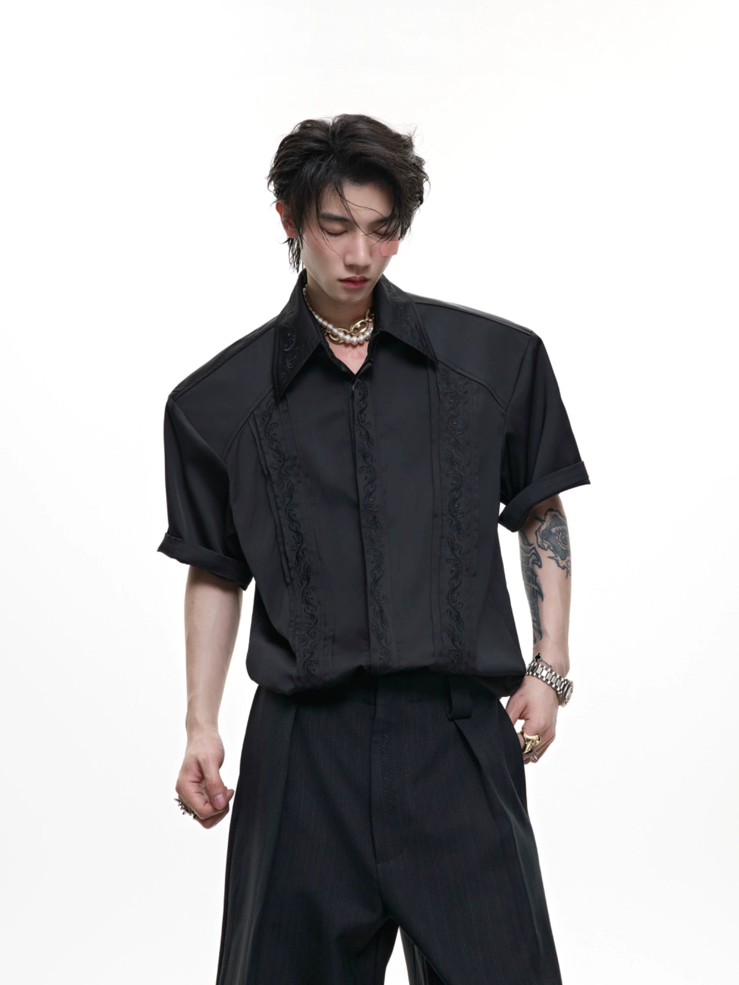 Camicia a maniche corte ricamata retro 