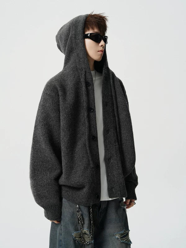 Knit Hooded Button-Up Cardigan