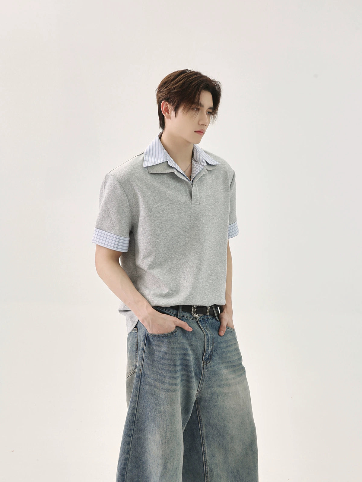 قميص بولو فضفاض مخطط بتصميم باتش وورك 