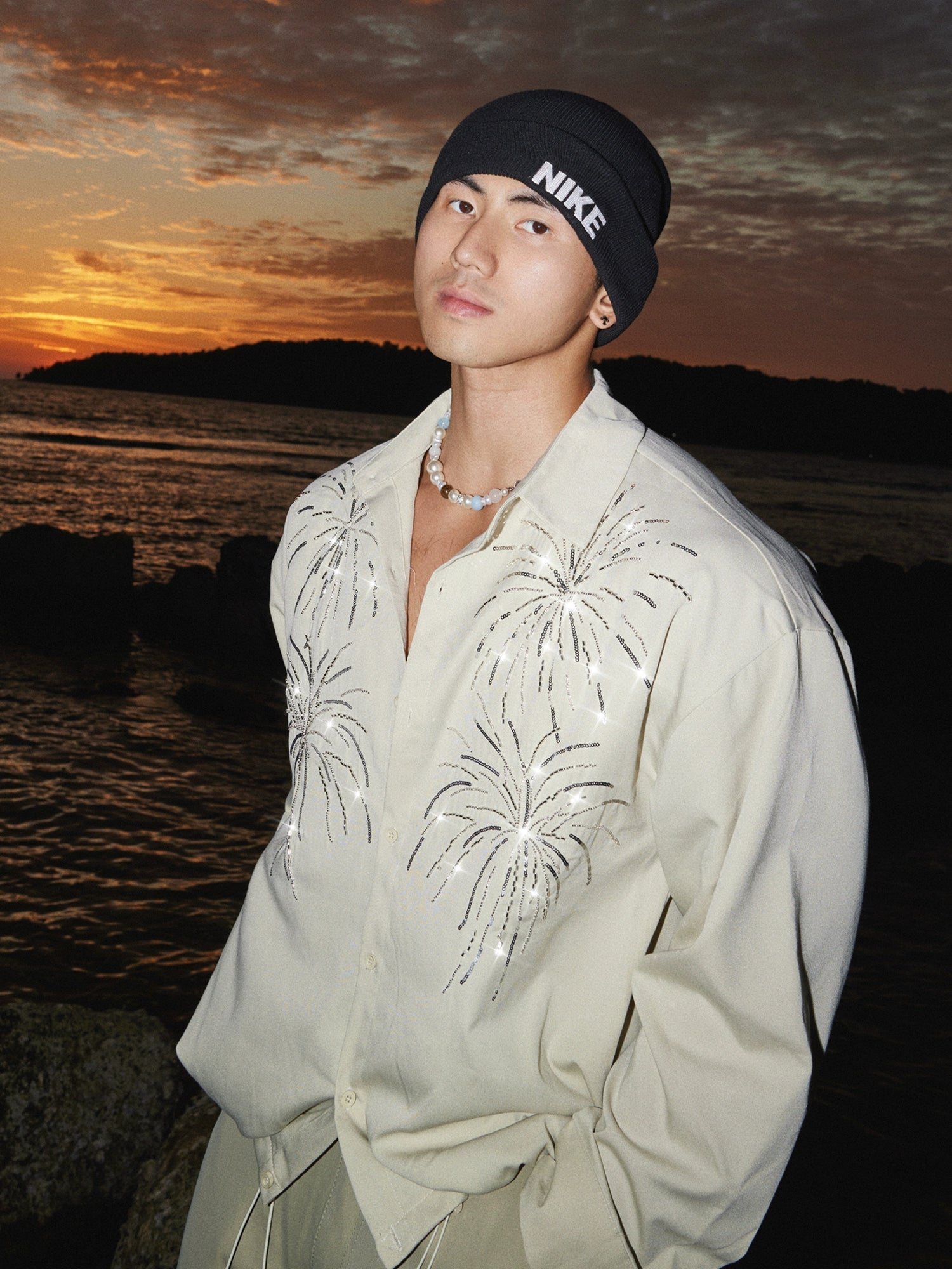 Beaded Drawstring Long Sleeve Shirt