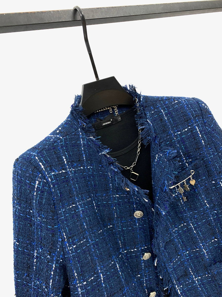 Kariertes Tweed-Jacke mit rohem Rand 