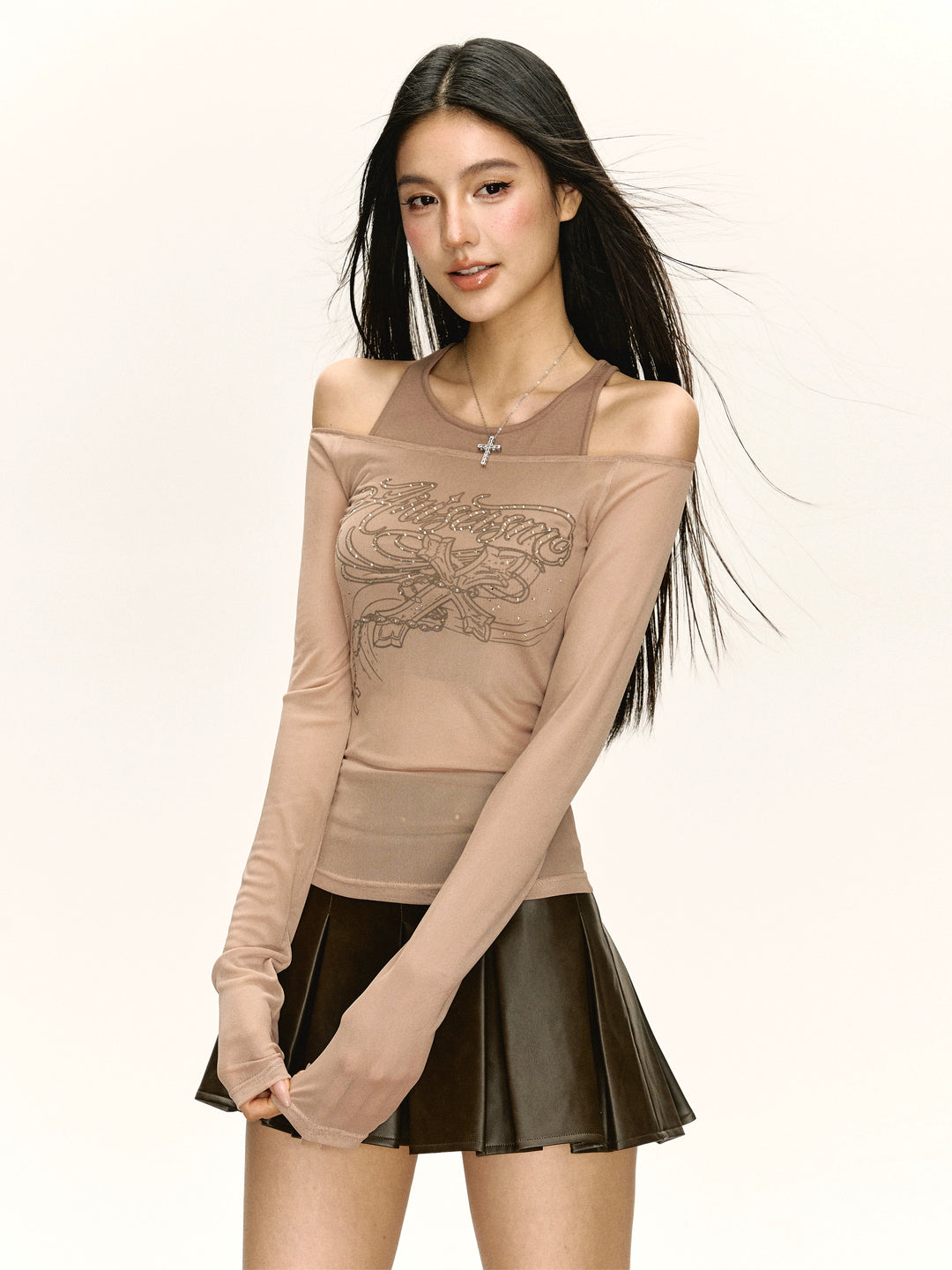 Mesh Cold Shoulder Slim Long-Sleeve Top
