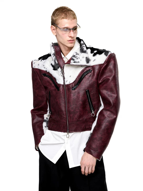 Cow Print Fur Motorcycle Leather Jacket