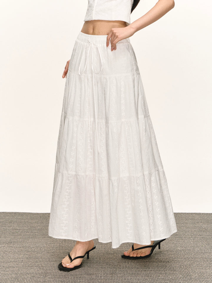 Retro Eyelet Long Skirt with Drawstring