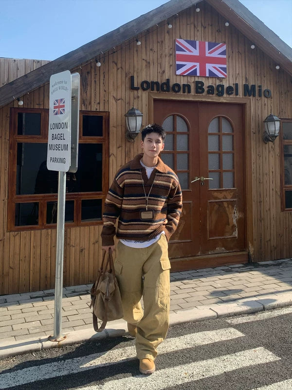 Pull en maille à col polo rayé 