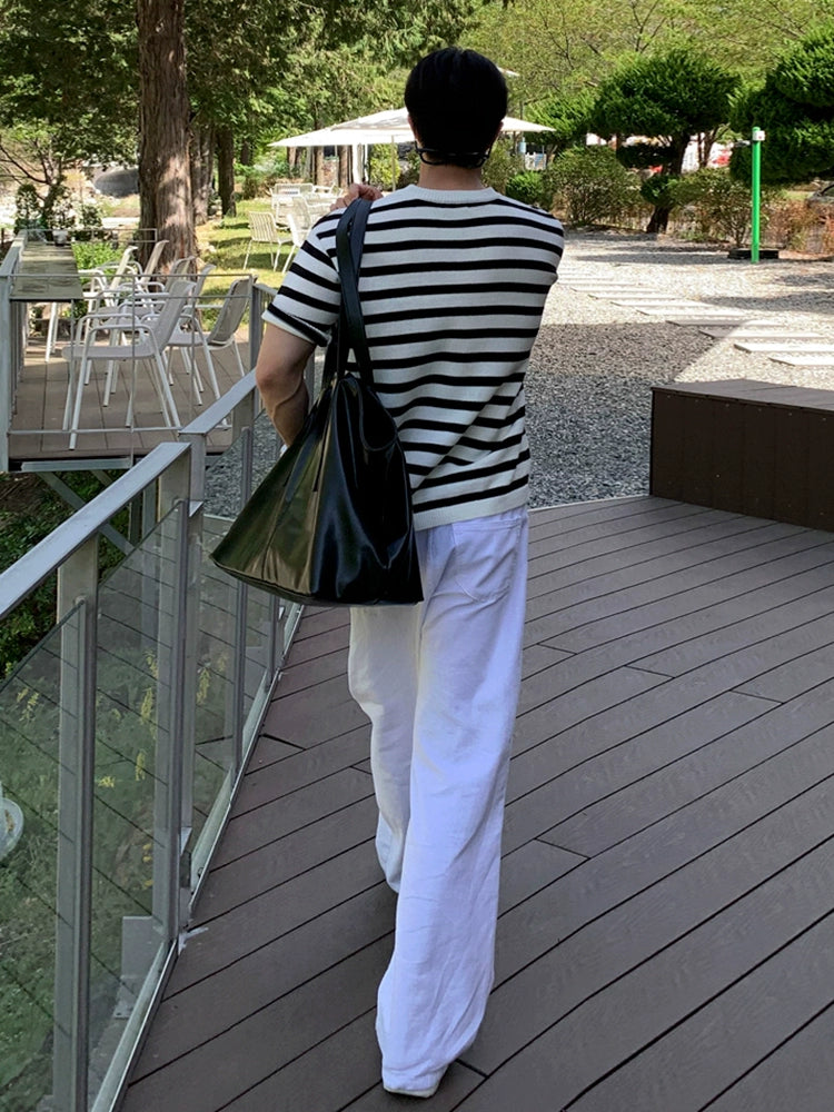 Striped Knitted Short Sleeve Crewneck Top