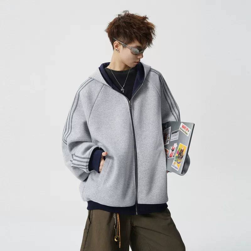 Sweat à capuche zippé surdimensionné à rayures 