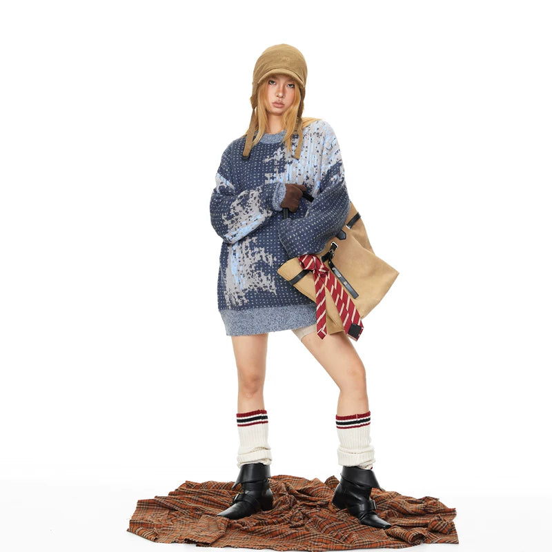 Mosaic Knit Crew Neck Loose Pullover