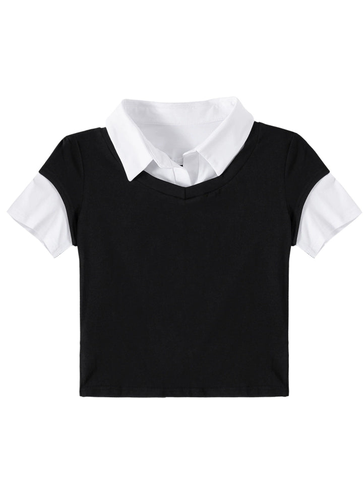 Polo Collar Spliced Short Sleeve Top