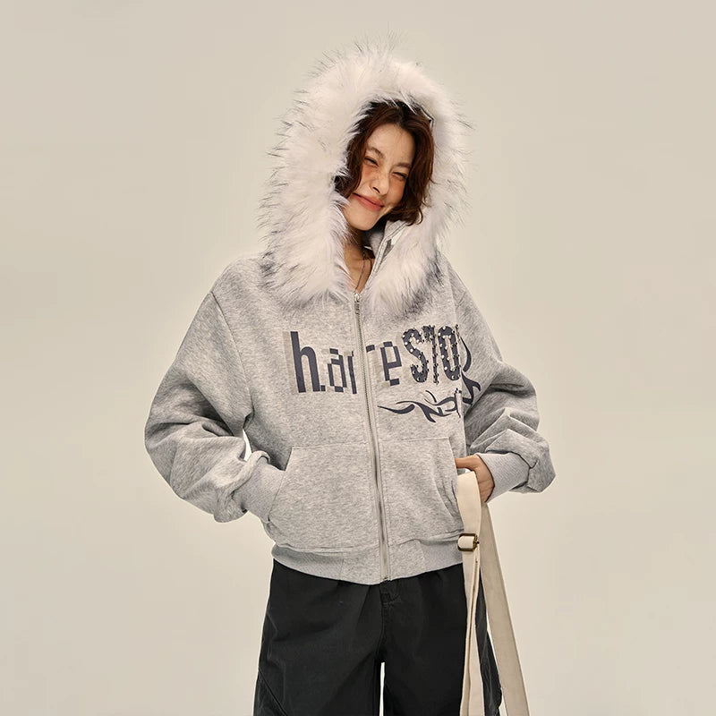 Fur Collar Hooded Rivet Letter Sweatshirt