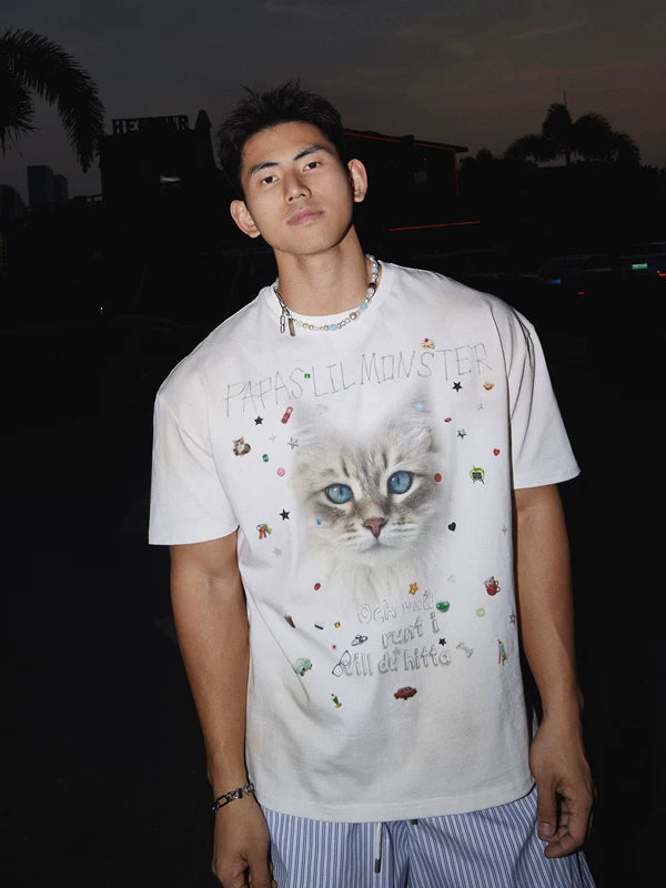 고양이 그래픽 오버사이즈 반팔 티셔츠 