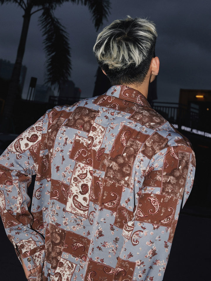 Irregular Plaid Long Sleeve  Floral Shirt