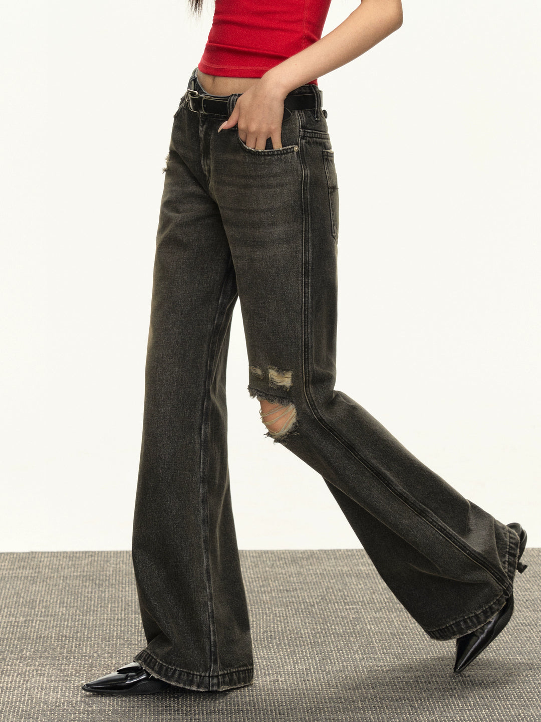 Retro brede ben slitte jeansbukser 