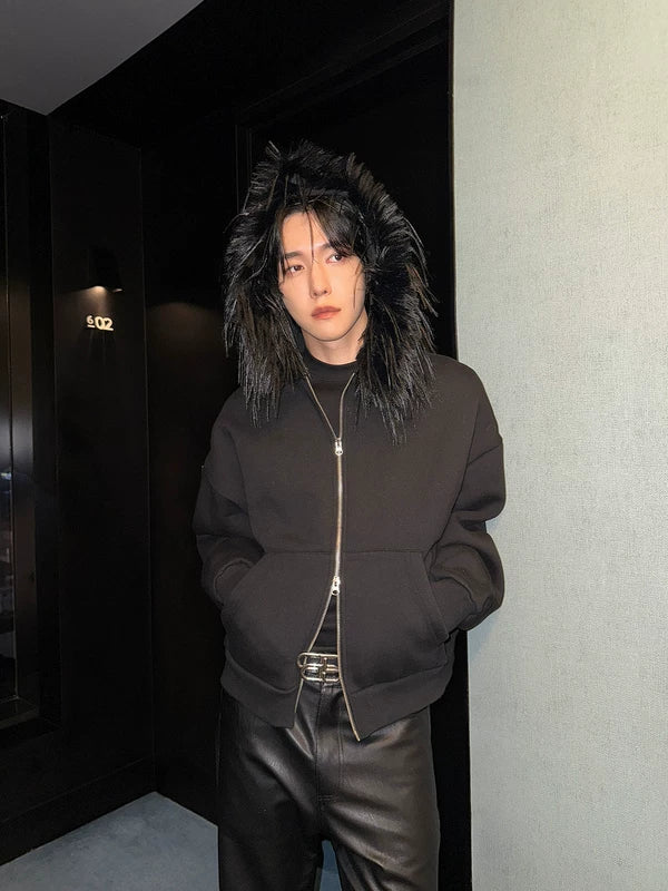 Detachable Faux Fur Hood Zip Jacket