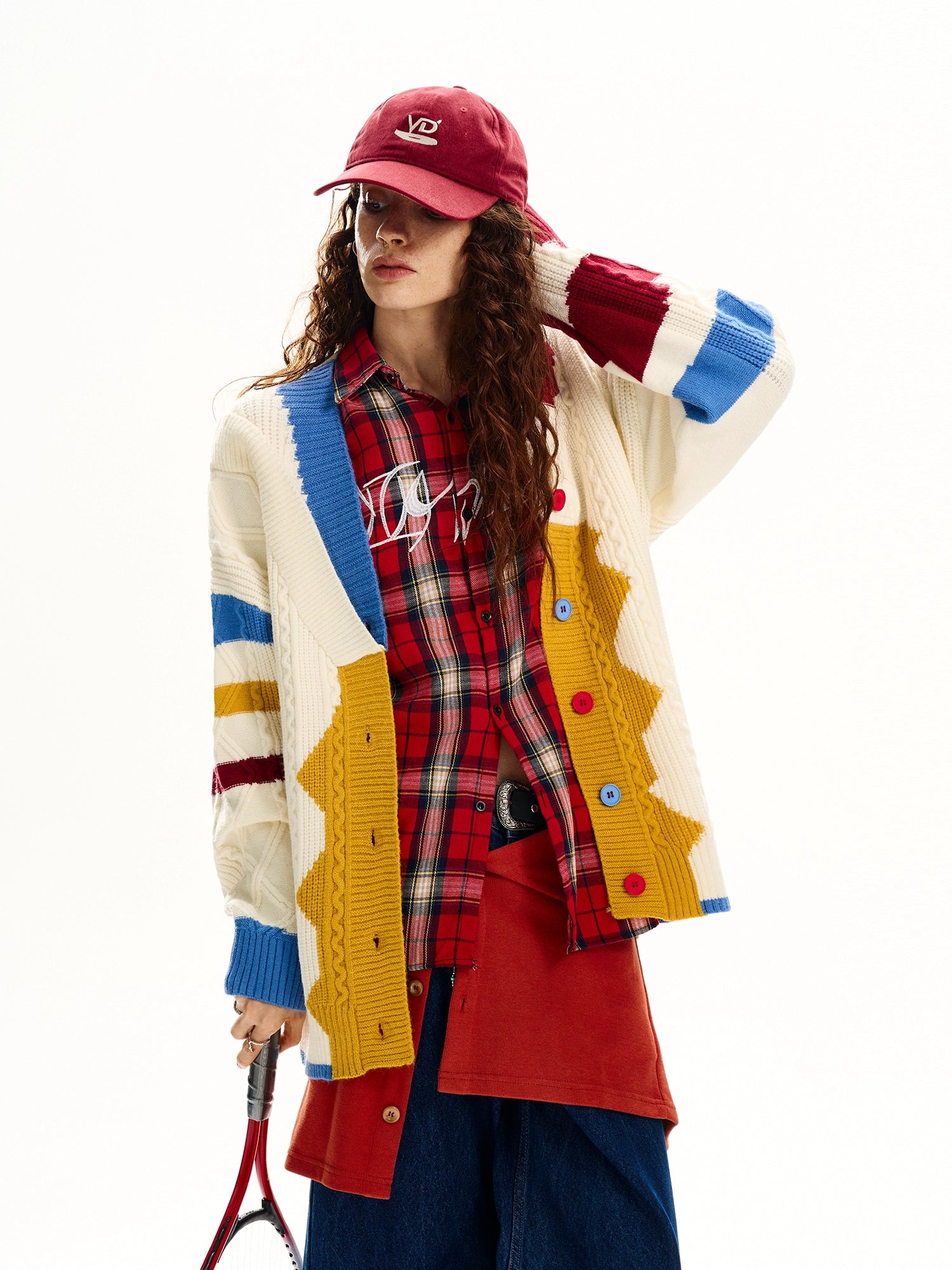 Vネックコントラストニットカーディガンセーター 