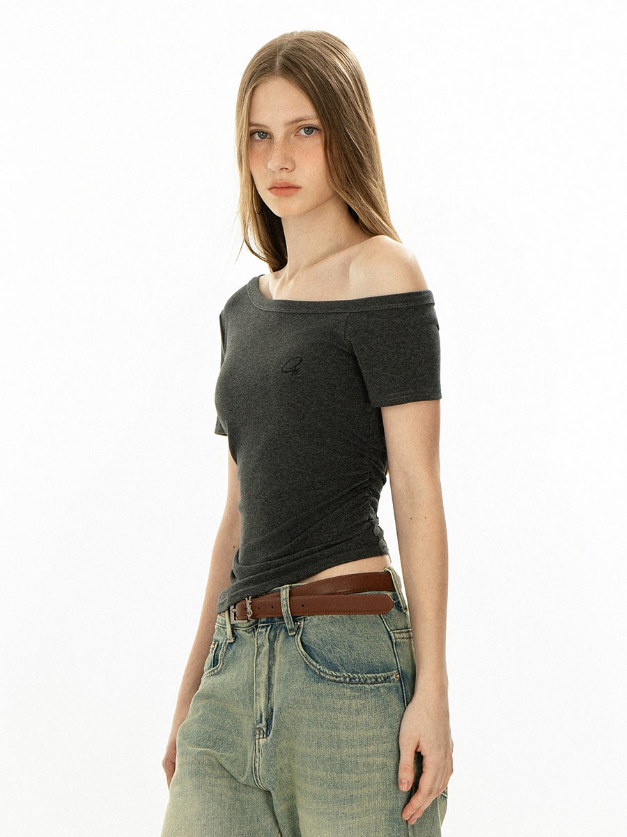 Oblique Shoulder Slim Fit Short Sleeve Top