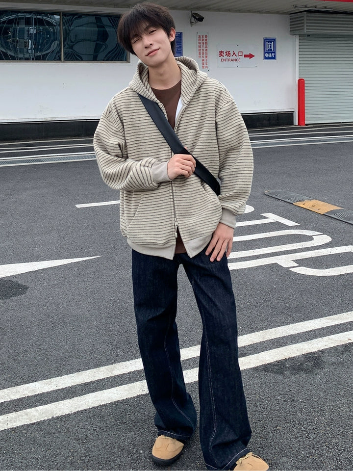 Striped Hooded Zipper Cardigan