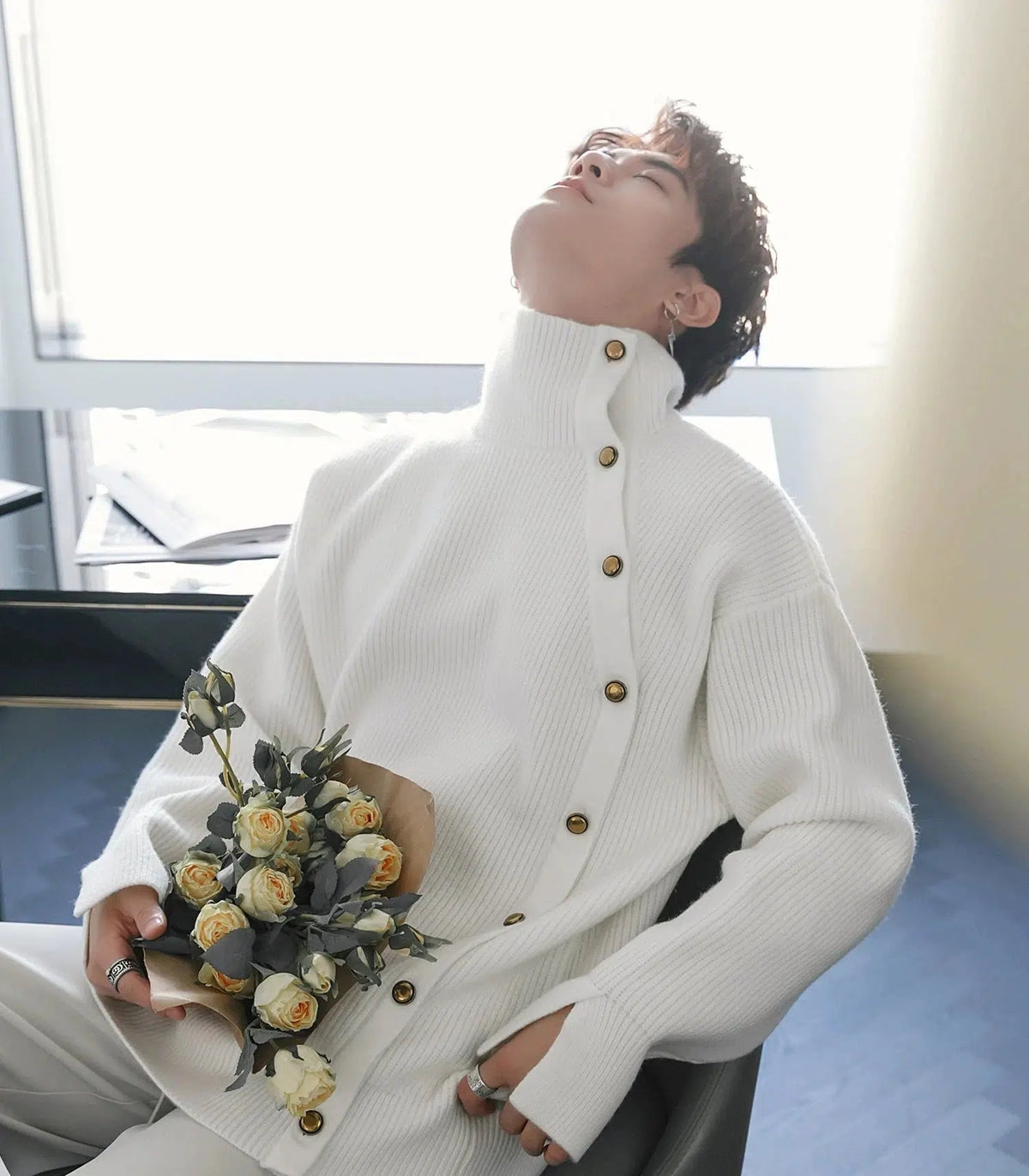 Metal Button High Collar Sweater