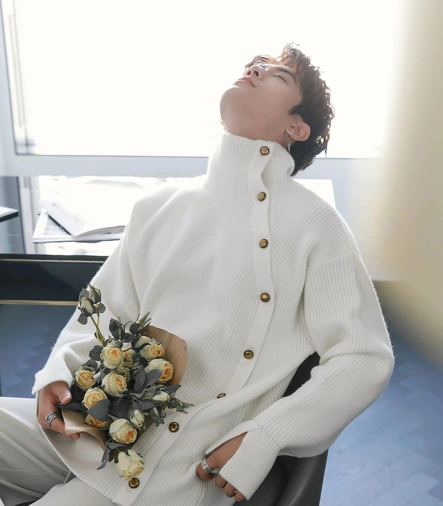 Metal Button High Collar Sweater