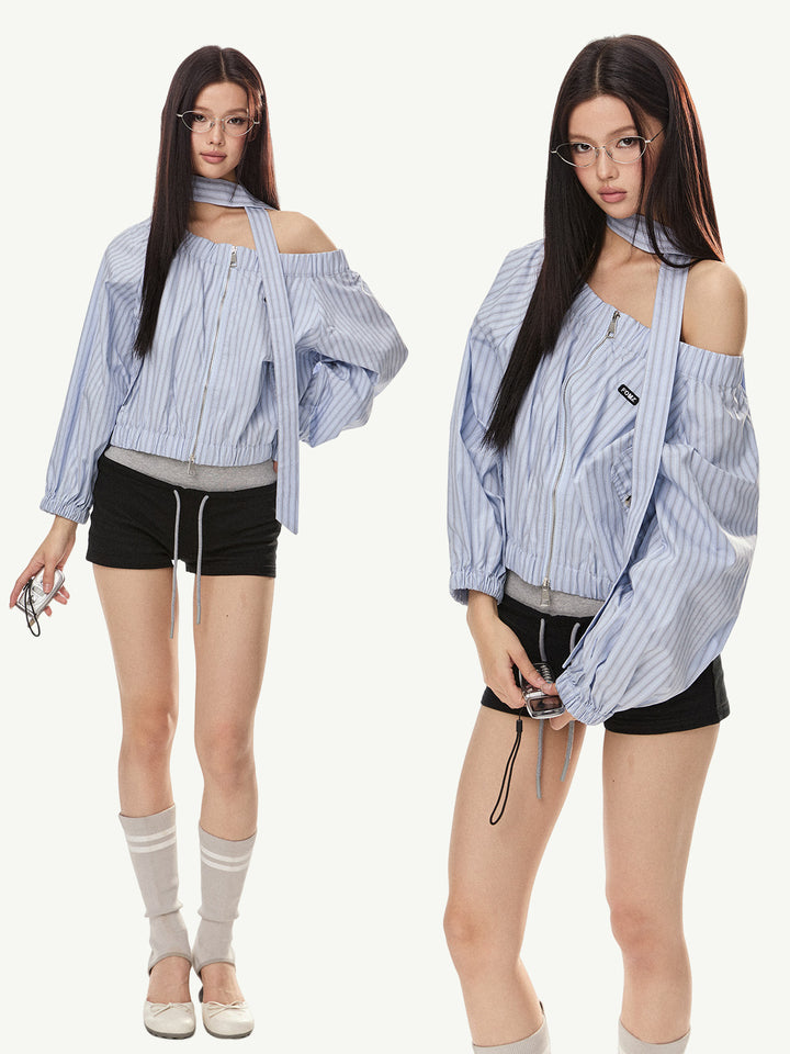 Oblique Shoulder Striped Zip-Up Jacket