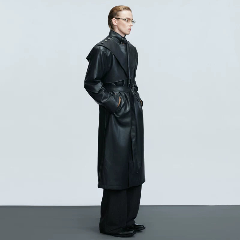 Deconstructed Stand Collar Leather Trench