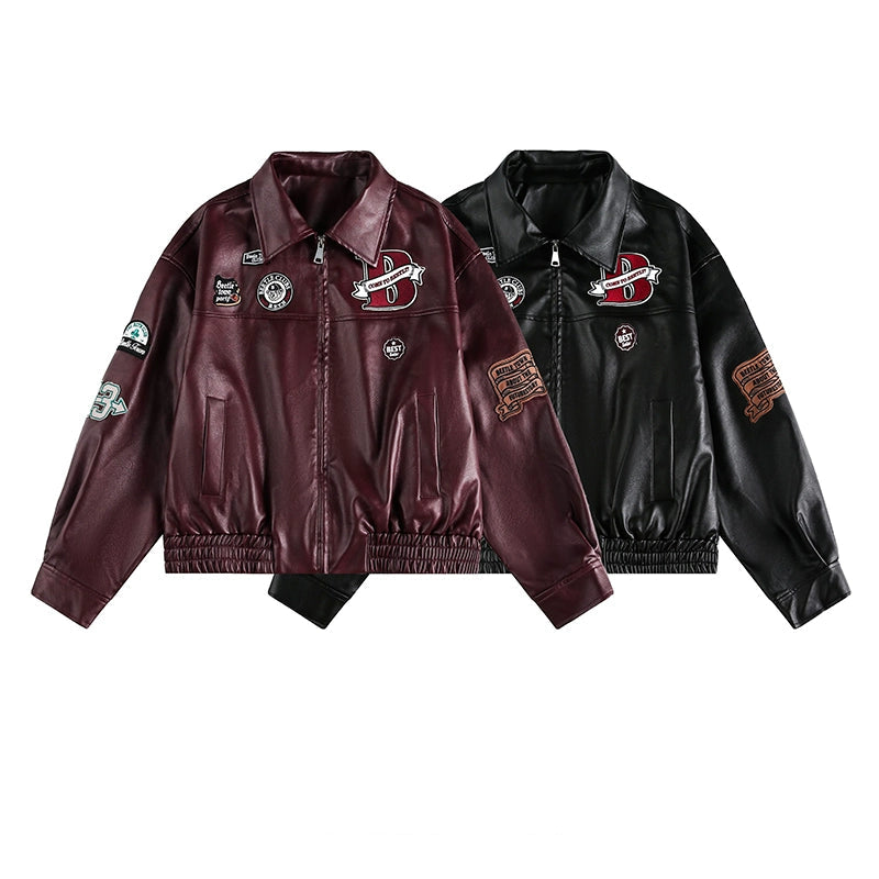 جاكيت دراجة نارية من الجلد الصناعي المطرز بتصميم قديم 