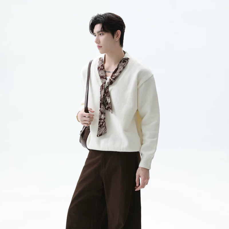 Silk Scarf V-Neck Knit Sweater