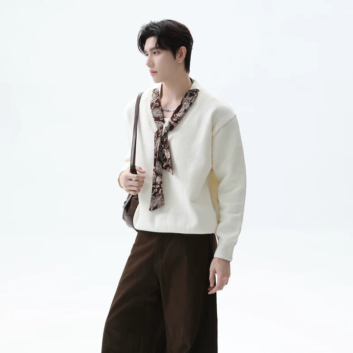 Silk Scarf V-Neck Knit Sweater