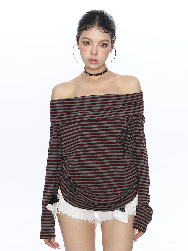 Gestreifter Off-Shoulder-Halterhals-Turtleneck 