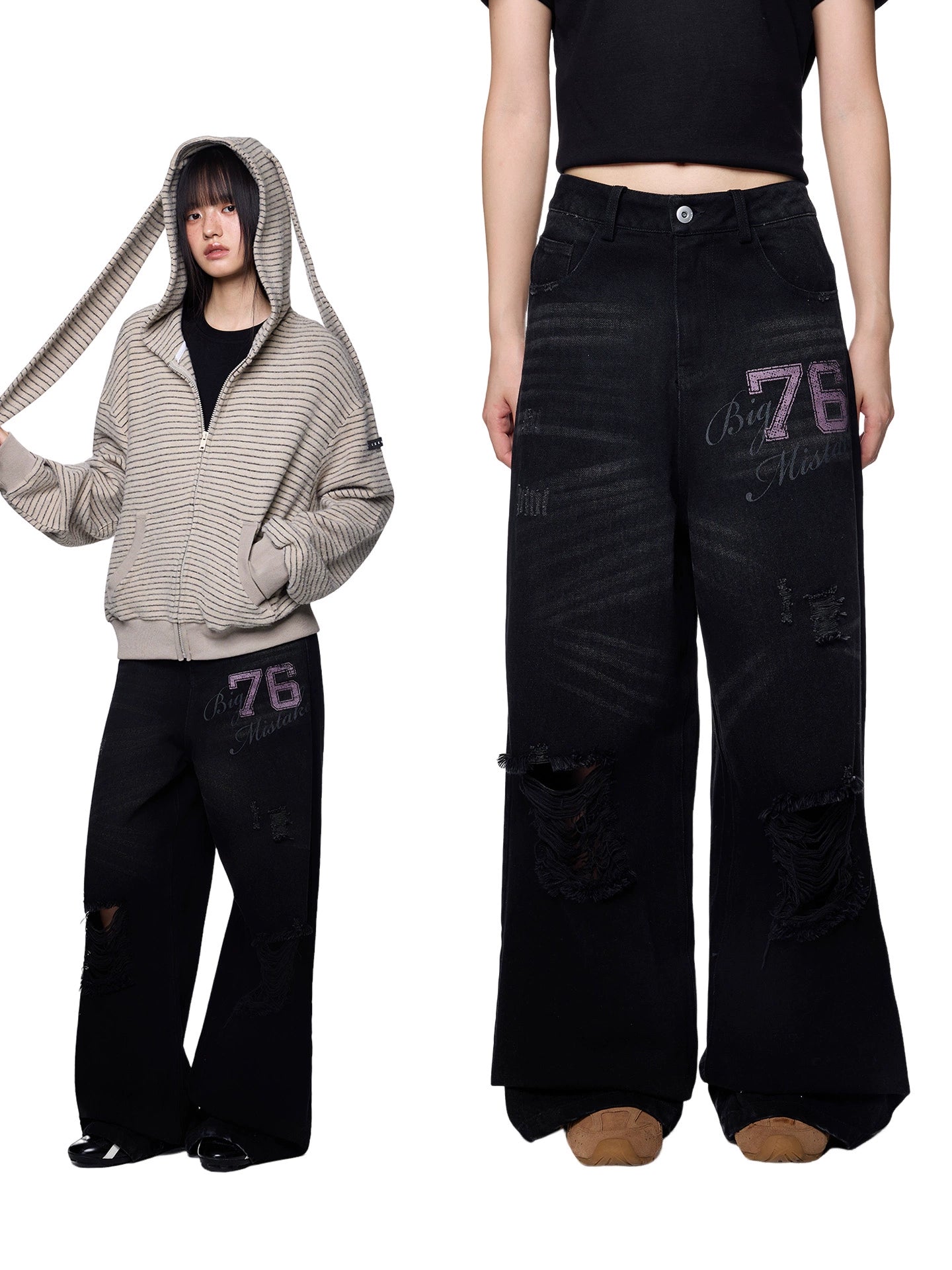 بنطلون مستقيم فضفاض مطبوع ممزق متوتر 