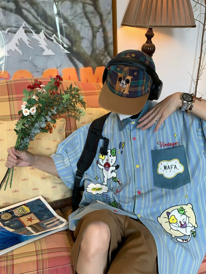 Katt Brodert Stripete Kortermet Skjorte 