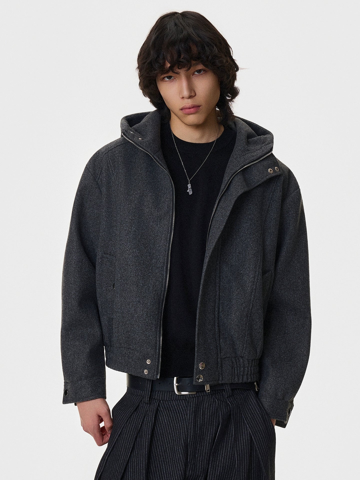 Retro Yün Fermuarlı Kapüşonlu Ceket 