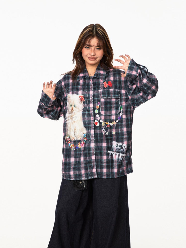 Plaid Cat Long Sleeve Casual Shirt