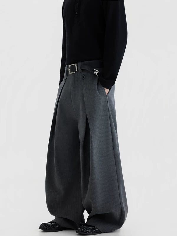 ワイドレッグプリーツストライプカジュアルパンツ 