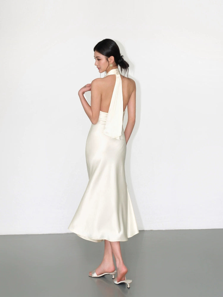 Satin V-Neck Halter Backless Sundress