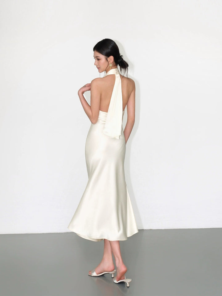 Satin V-Neck Halter Backless Sundress