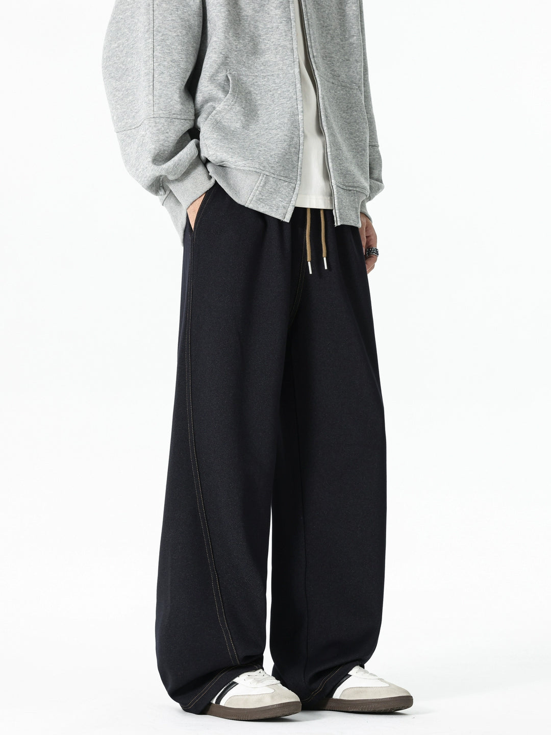 Pantaloni casual a gamba larga con vita elastica e coulisse 