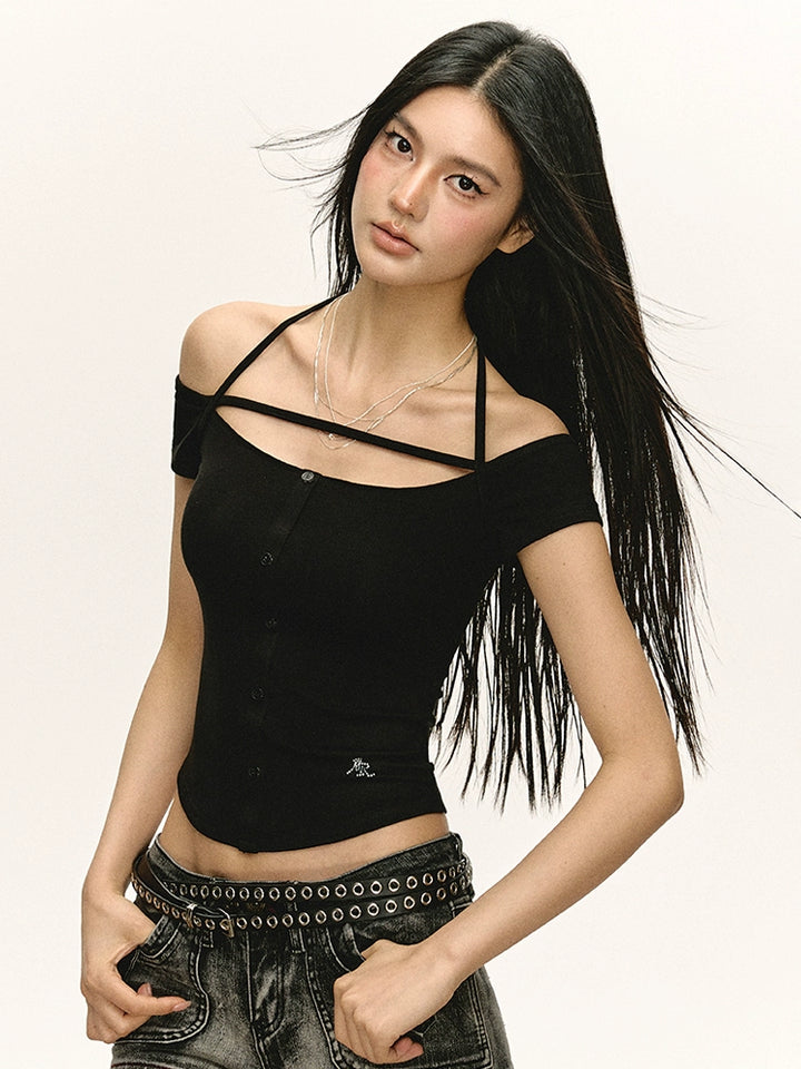 Slim Fit Off Shoulder Button T-Shirt