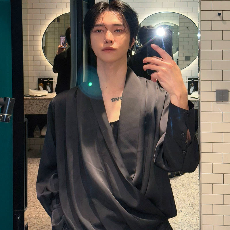 Satin Draped V-Neck Loose Shirt