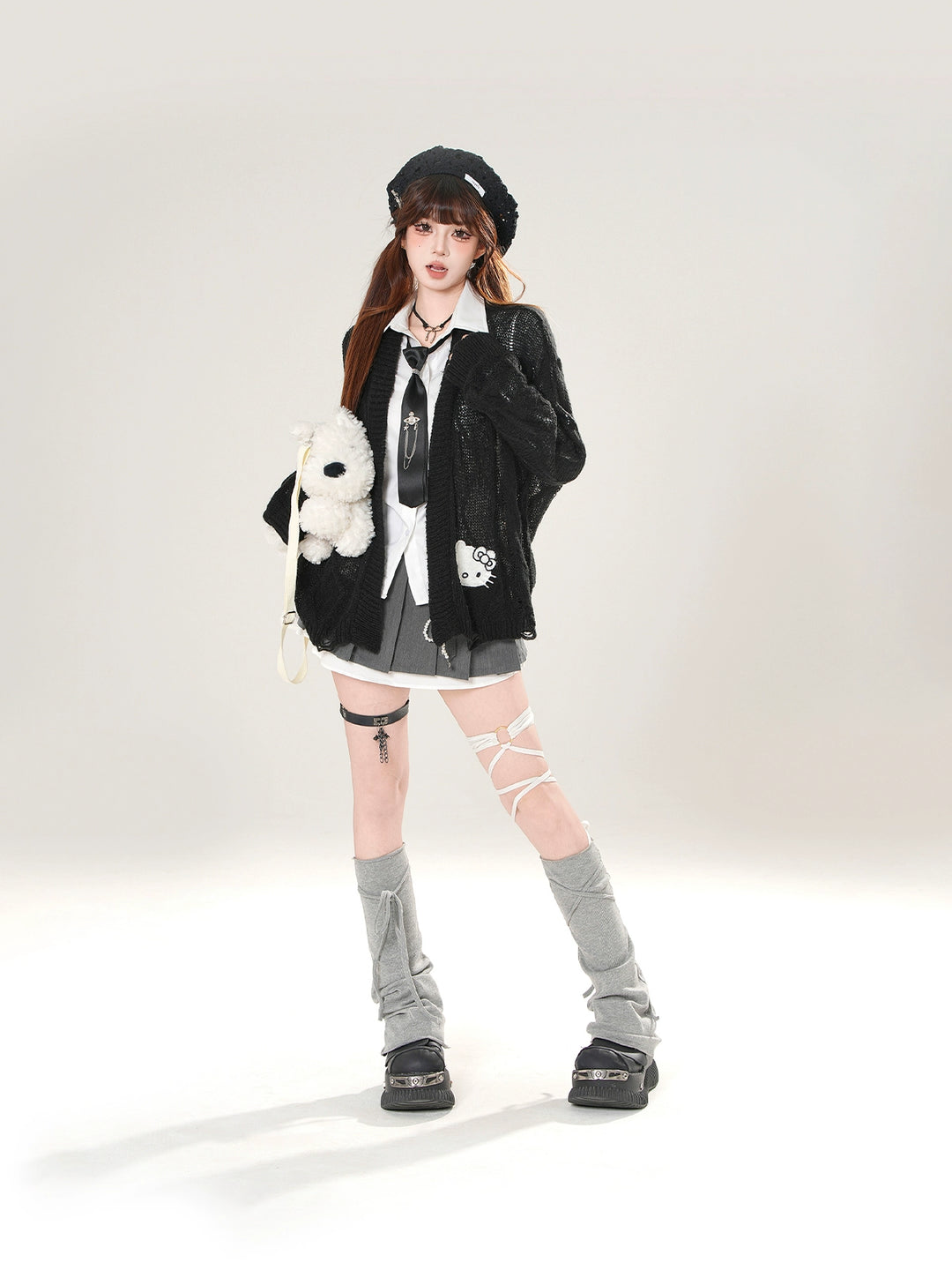 Chaqueta de suéter de punto con parche de gato 