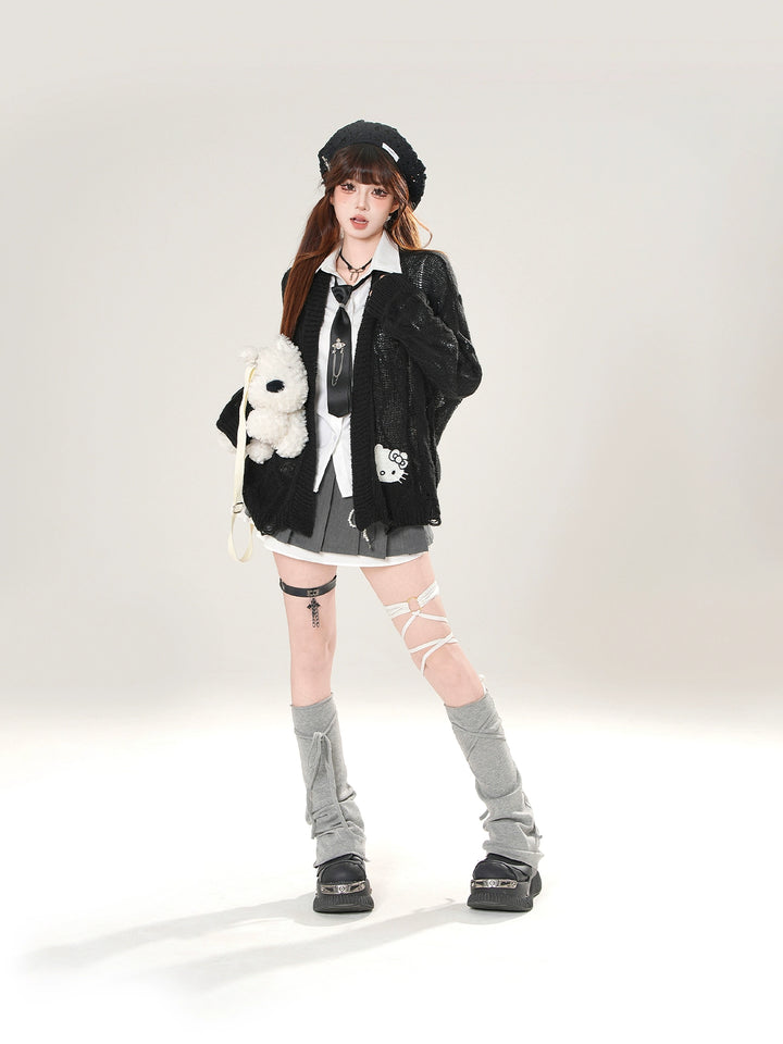 Chaqueta de suéter de punto con parche de gato 