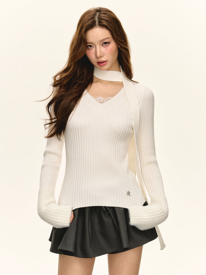 Ribbed V-Neck Retro Knit Sweater