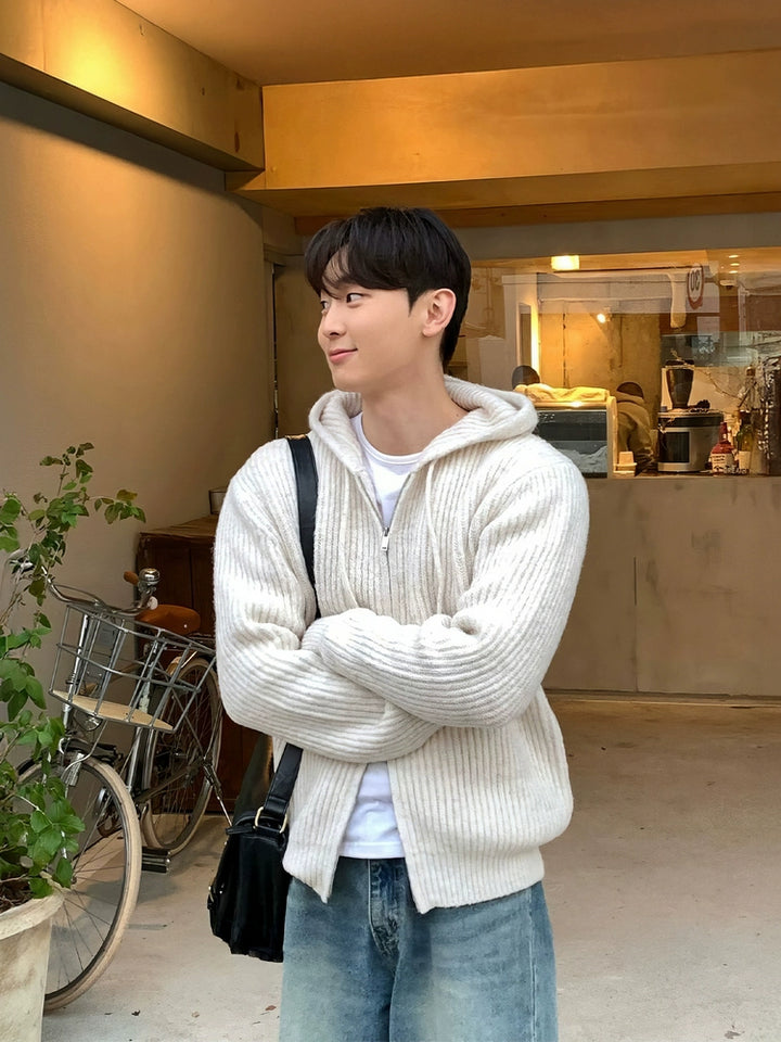 Textured Hooded Knit Zip Cardigan