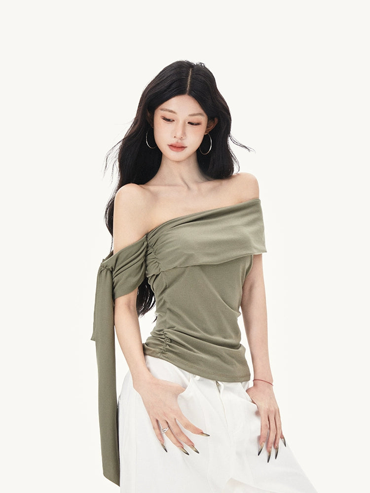 One-Shoulder Ribbon Knitted T-Shirt