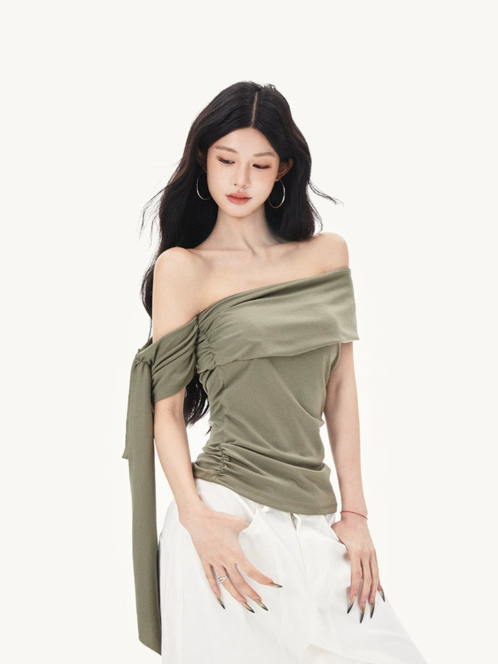 One-Shoulder Ribbon Knitted T-Shirt