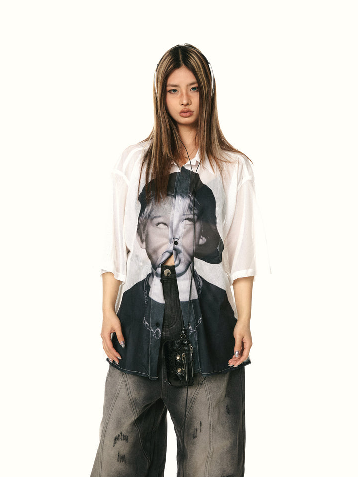 Mesh Character Print Loose Shirt