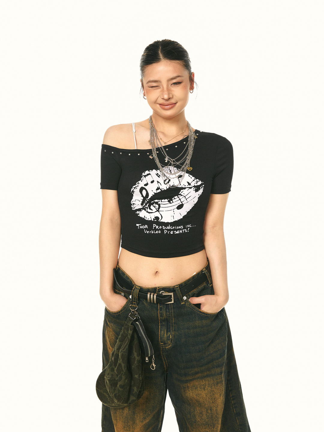 Off-Shoulder Rivet Graphic Top