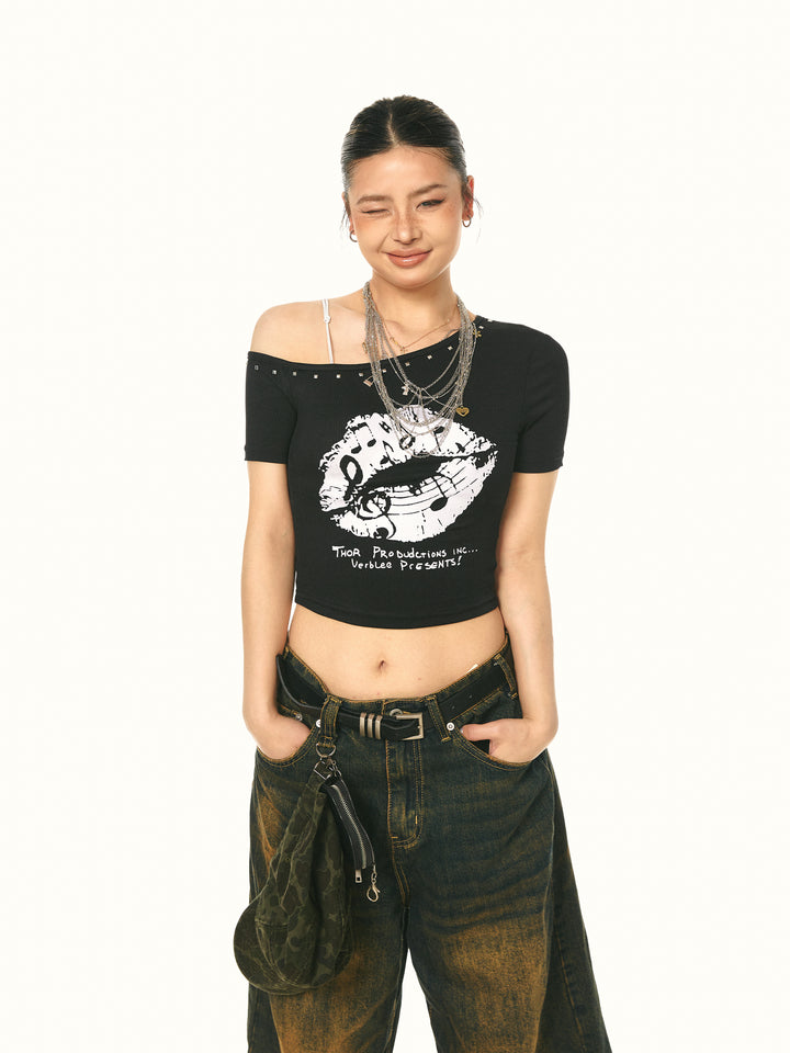 Off-Shoulder Rivet Graphic Top