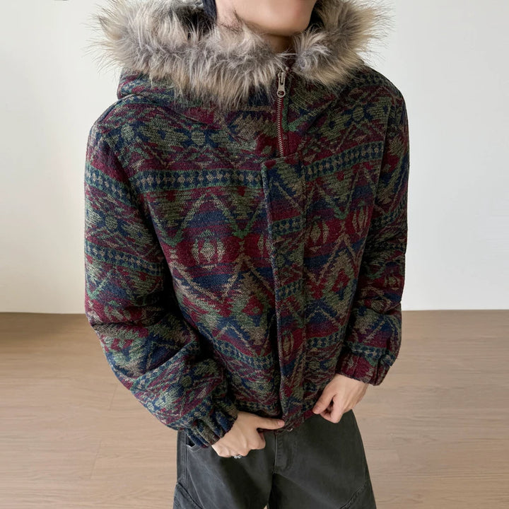 Retro patroon bontkraag capuchonjack 