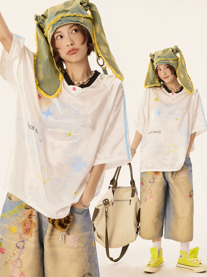 Retro Cartoon Graphic V-Neck Jersey Top